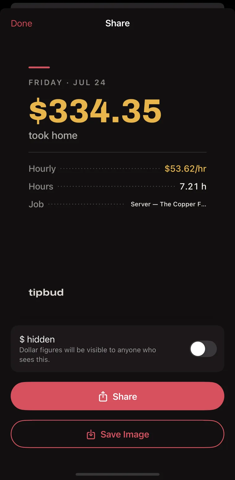 TipBud share sheet: a dark card reading Friday Jul 24, $334.35 took home, with a $-hidden toggle and Share button.